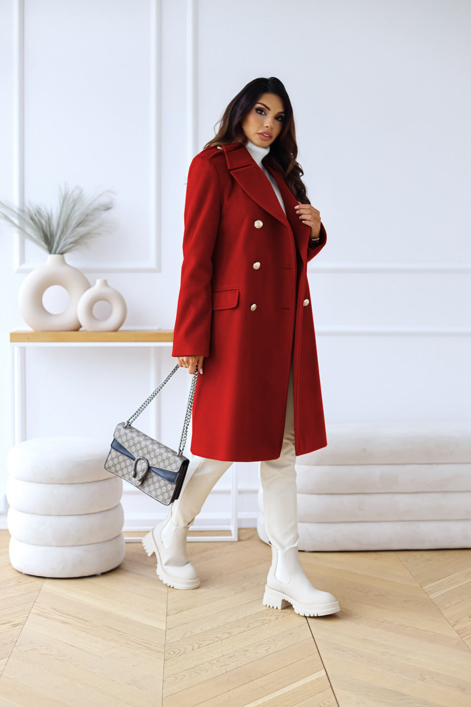 Manteau en laine à double rangée pour femmes
