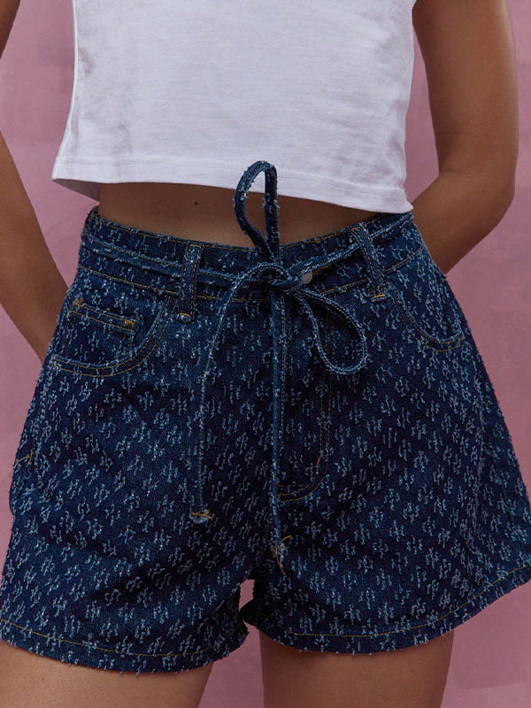 Short à jambes larges, à empiècements, à taille nouée, en jean