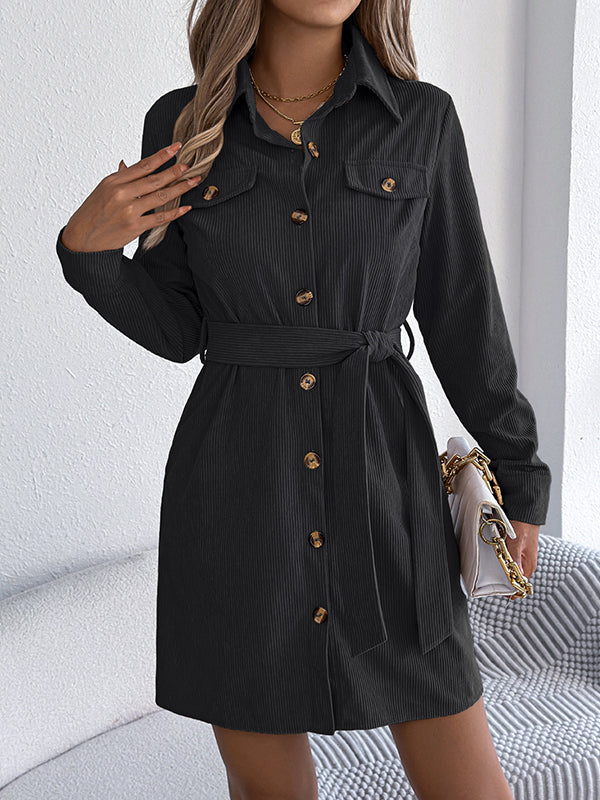 Robe chemise boutonnée à taille élastique, à manches longues, avec ceinture, à boutonnage simple, à col revers, couleur unie