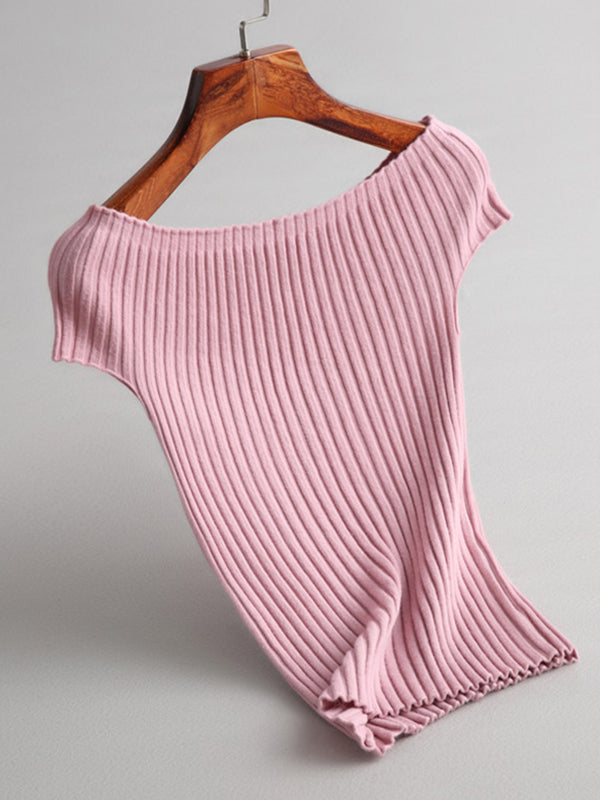 Pull en tricot à manches courtes et col bateau de couleur unie