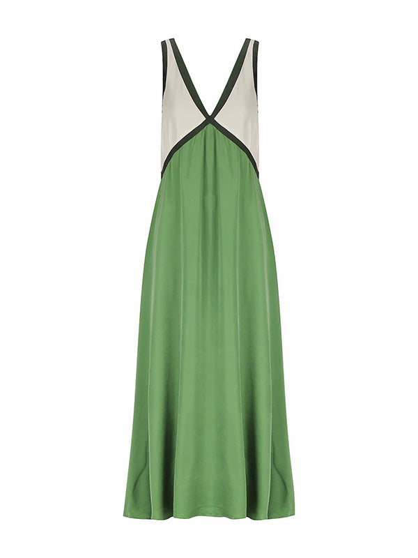 Robe longue ample sans manches, à empiècements, à décolleté en V profond, couleur contrastée