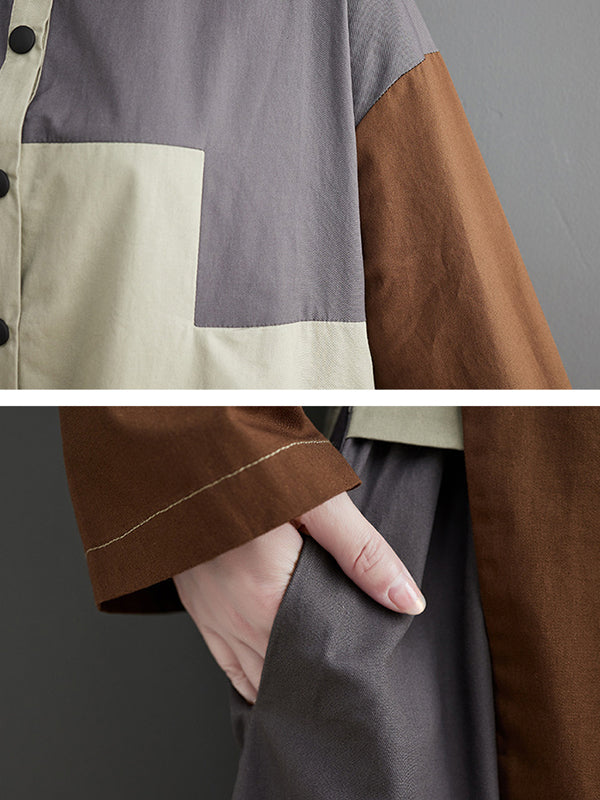 Robe mi-longue ample vintage, à manches longues, col polo, couleur contrastée