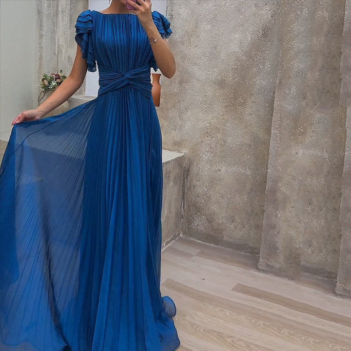 Elisa - Robe maxi plissée élégante en bleu foncé