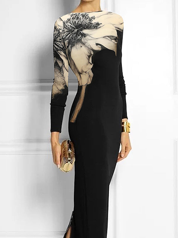 Robe longue moulante à manches longues, à imprimé floral, à col bateau