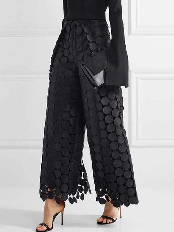 Pantalon ajouré taille haute, à jambes larges, à pois, couleur unie