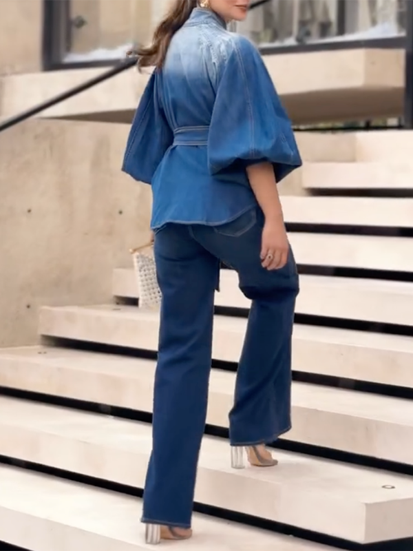 Chemisier boutonné à manches mi-longues, à manches bouffantes, en dégradé, à taille nouée, à col montant