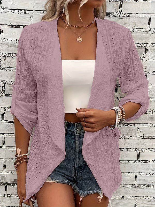 Veste ample boutonnée ajourée à manches longues, en jacquard, sans col, couleur unie