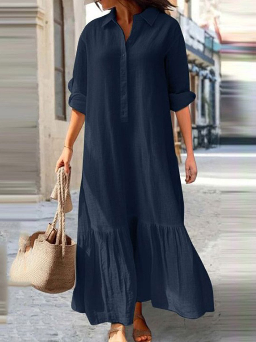 Robe longue boutonnée plissée coupe trapèze, à manches longues, à empiècements, à col revers, couleur unie