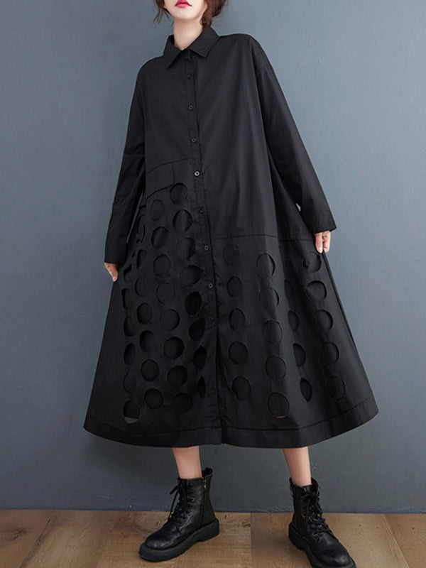 Robe mi-longue asymétrique ajourée coupe trapèze, à manches longues, à pois, à col revers, couleur unie