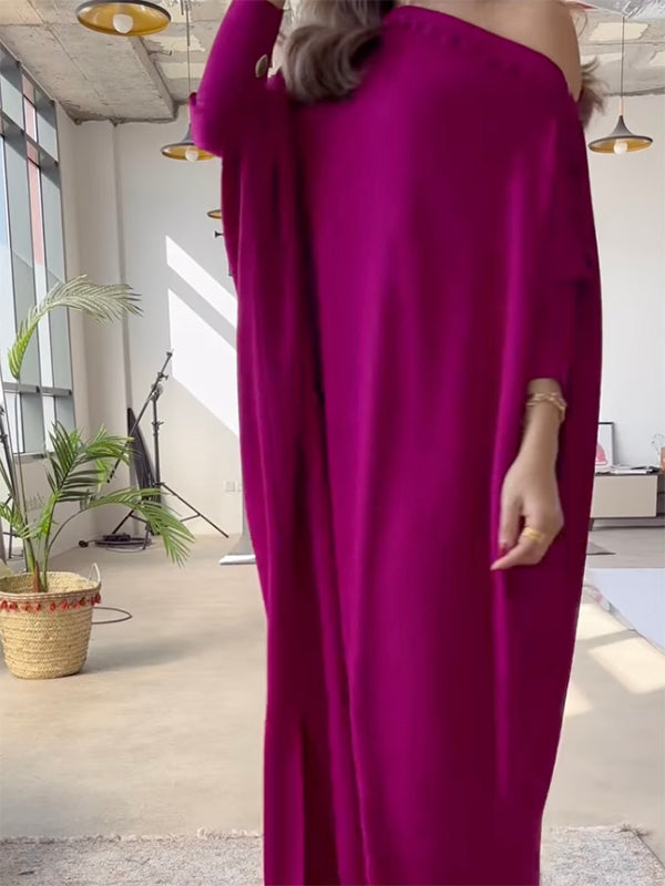 Robe longue ample boutonnée coupe droite, couleur unie