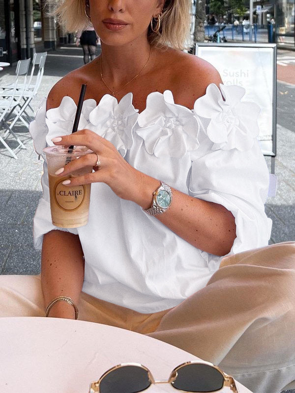 Blouse ample à épaules dénudées ornée de fleurs en 3D, couleur unie