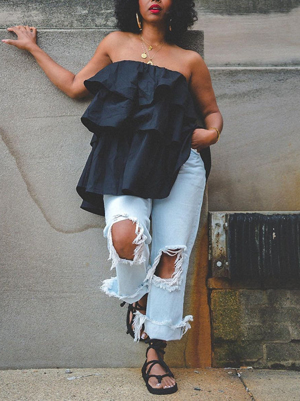 Débardeur ample superposé volanté coupe trapèze, à taille élastique, bustier, couleur unie