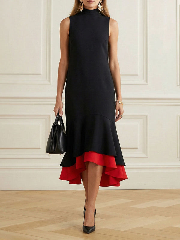 Robe mi-longue ample sans manches, à empiècements, à volants étagés, à col haut, couleur contrastée