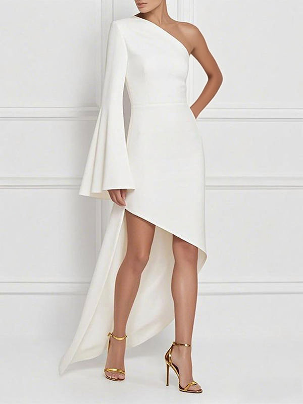 Robe longue asymétrique à ourlet plongeant, à manches longues, asymétrique à une épaule, couleur unie