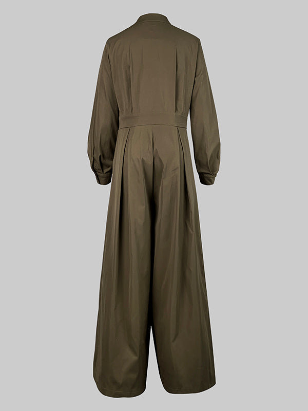 Combinaison ample boutonnée à manches longues, sans ceinture, à col en V, couleur unie
