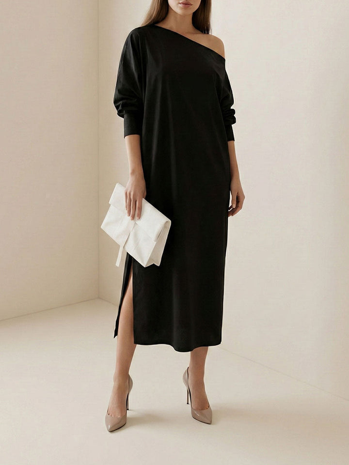 Robe mi-longue ample fendue sur le côté à manches longues, asymétrique à une épaule, couleur unie
