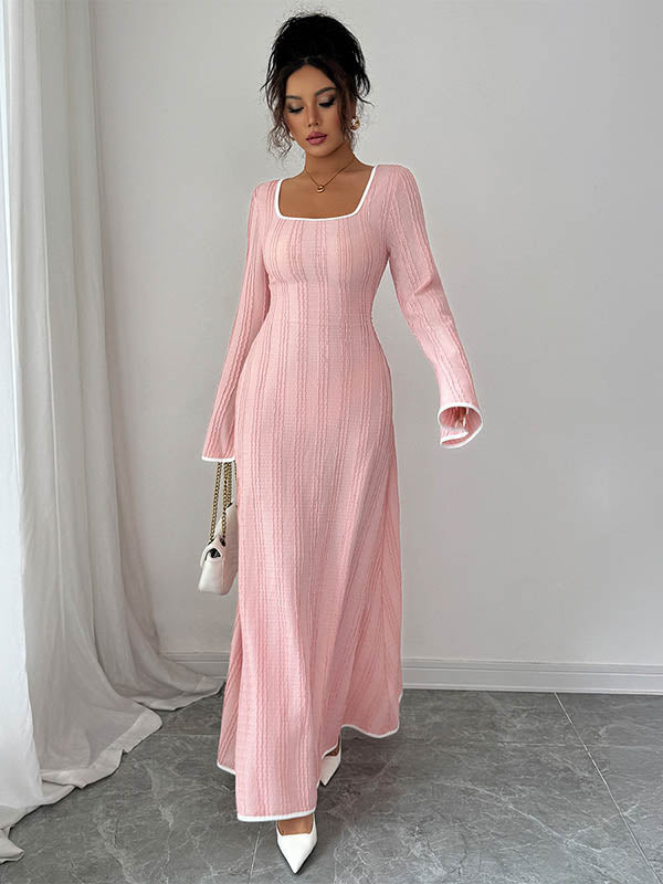 Robe longue moulante coupe trapèze, en maille côtelée, à empiècements, à col carré