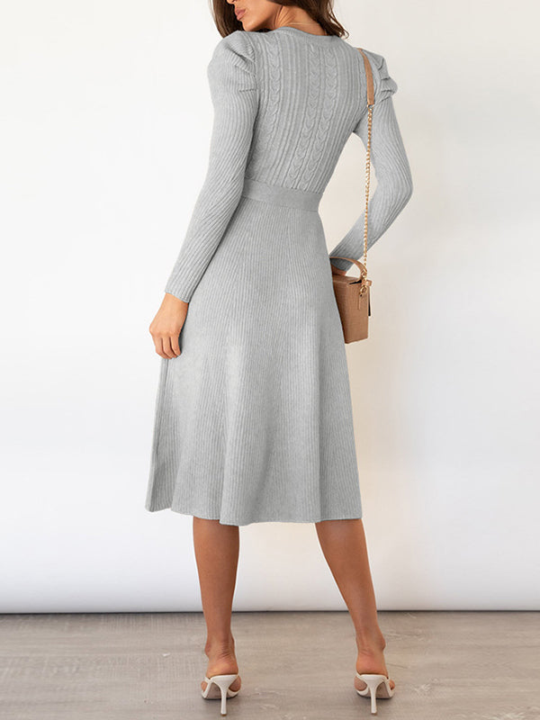 Robe pull taille haute, à manches longues, à taille nouée, à col rond, couleur unie