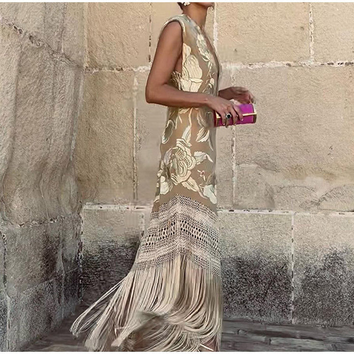 Renata - Robe Maxi de Fête Fleurie avec Franges en V Profond