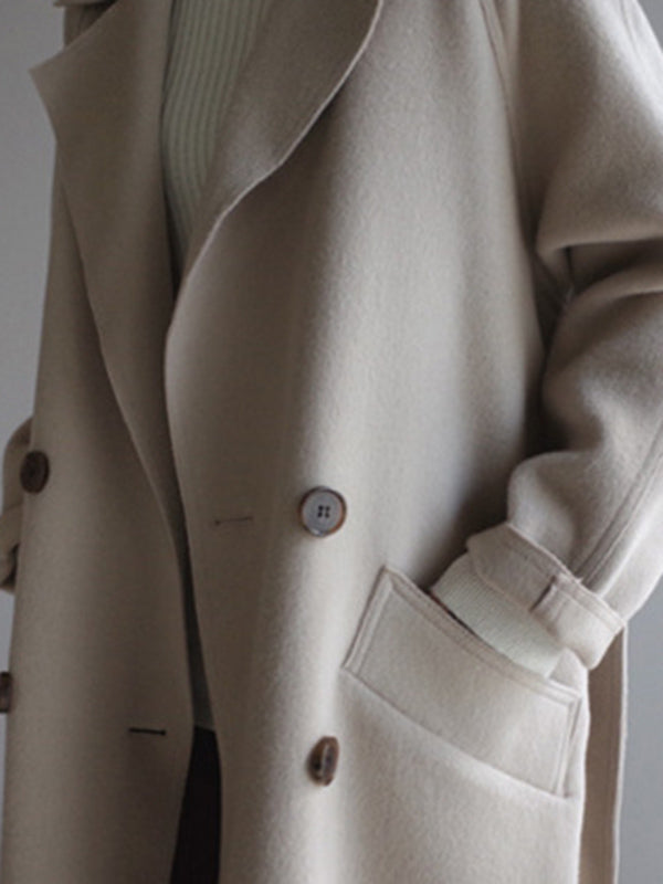 Manteau en laine urbain ample avec ceinture, couleur unie