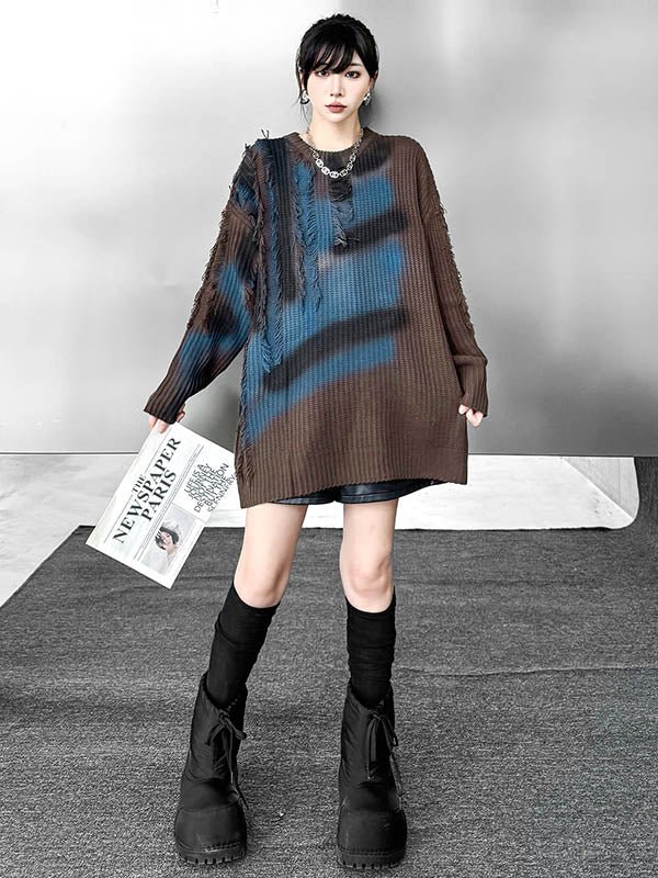 Irrégularité manches longues imprimé abstrait asymétrique contraste couleur fendue glands col rond pull hauts
