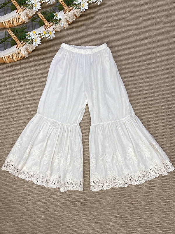 Pantalon évasé ample brodé vintage, taille haute, à jambes larges
