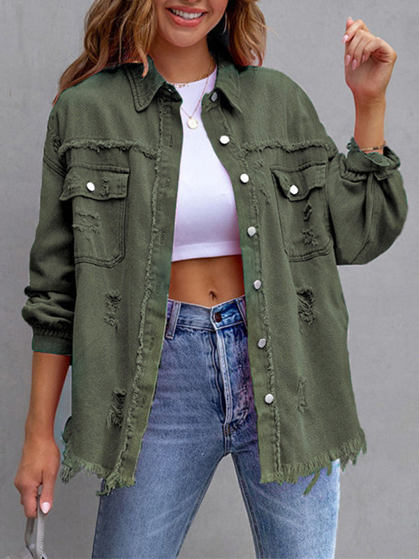 Veste ample à manches longues, à franges, à poches, à col revers