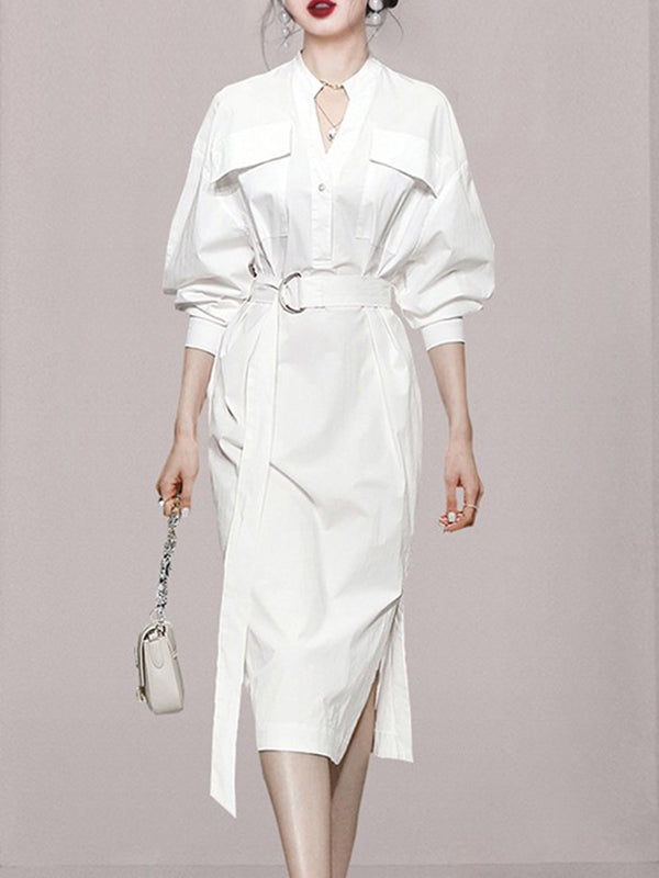 Robe chemise ample transparente fendue sur le côté à manches longues, à empiècements, à taille nouée, à col en V