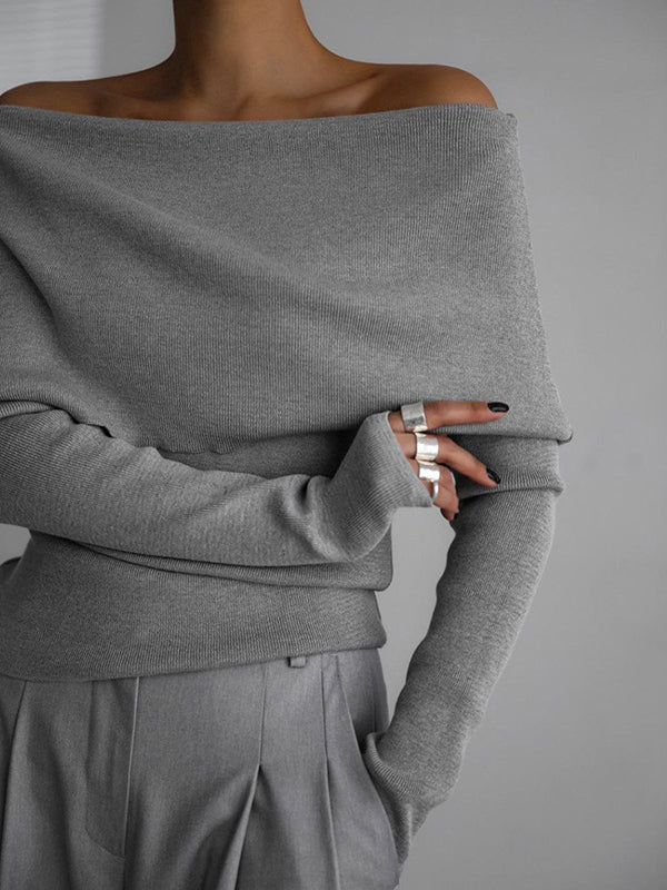 Pull ample à manches longues, à épaules dénudées, couleur unie