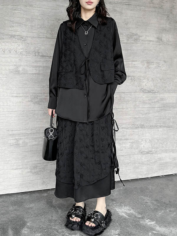Ensemble deux pièces asymétrique boutonné à empiècements, à cordon de serrage, à imprimé floral, effet deux pièces, à col revers, à poches, à taille élastique, à double rang, couleur unie – chemisier + jupe