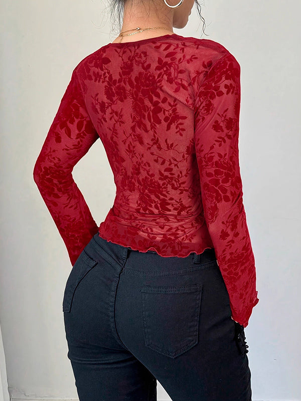 T-shirt à manches évasées, à manches longues, à décolleté en V profond, couleur unie
