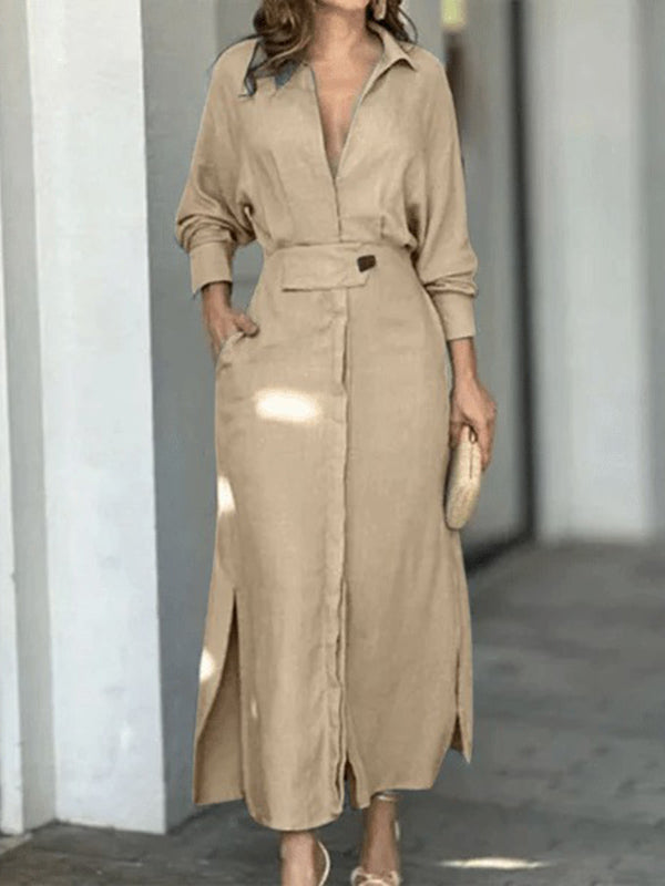 Robe chemise ample fendue sur le côté à manches longues, à empiècements, à col en V