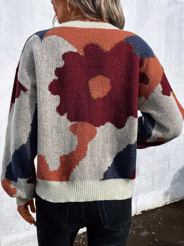 Pull ample asymétrique à manches bouffantes, à fleurs en tricot, à empiècements, à col rond