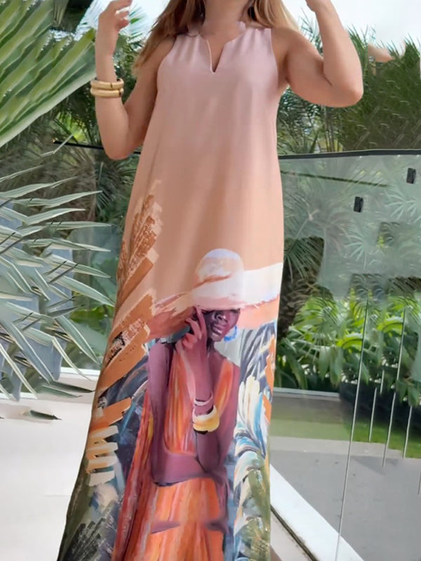 Robe longue ample sans manches, à motifs figuratifs, à poches, à col en V