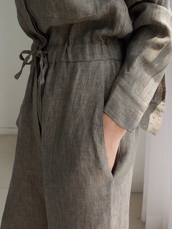 Combinaisons en lin urbain avec cordon de serrage, taille élastique, jambes larges, manches longues