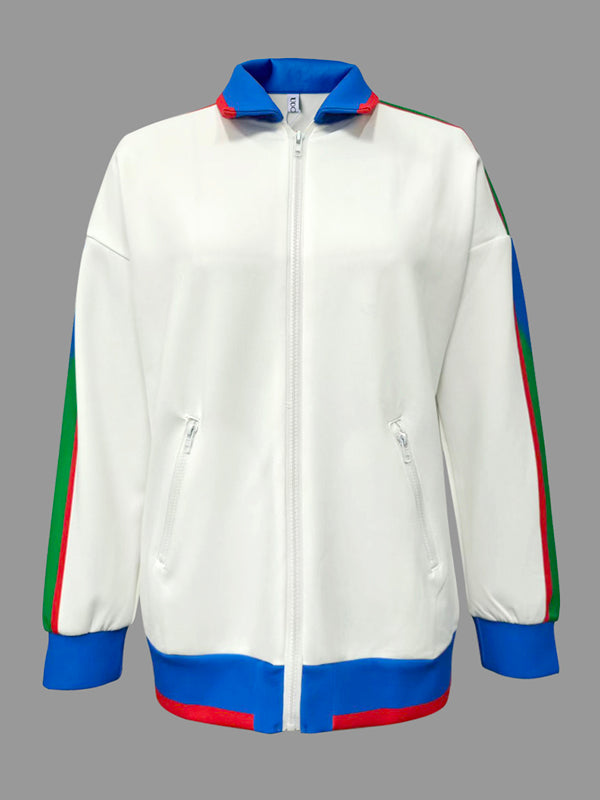 Veste ample rayée à manches longues, à fermeture éclair, à col revers, couleur contrastée