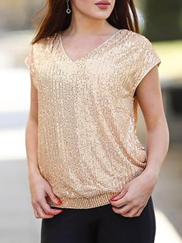 T-shirt ample à manches raglan, à sequins, à col en V, couleur unie