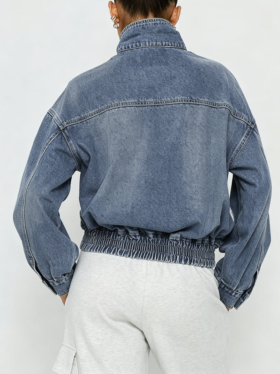 Veste boutonnée ample à fermeture éclair, à taille élastique, à manches longues, à col montant