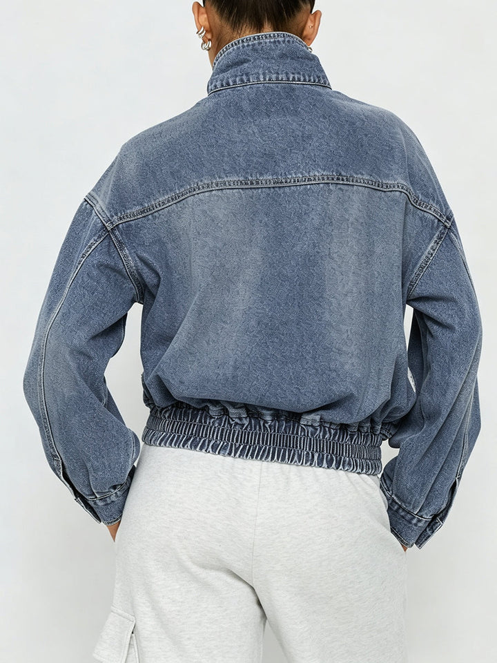 Veste boutonnée ample à fermeture éclair, à taille élastique, à manches longues, à col montant