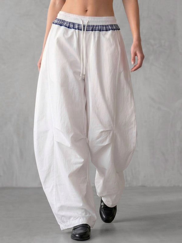 Pantalon ample taille haute, à cordon de serrage, à poches, à empiècements, couleur contrastée