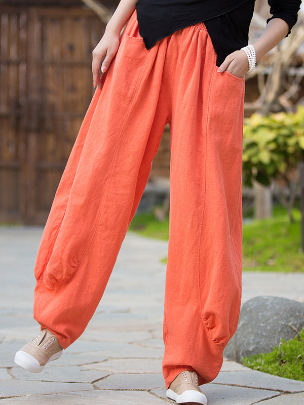 Pantalon en lin décontracté à jambes larges, taille haute, couleur unie, 7 couleurs