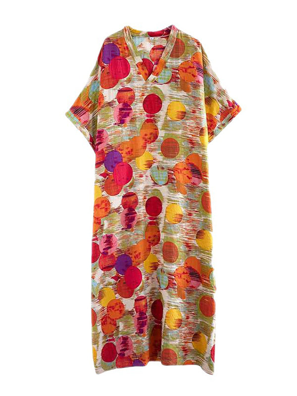 Robe longue à manches chauve-souris, à manches mi-longues, à pois, à col en V, couleur contrastée