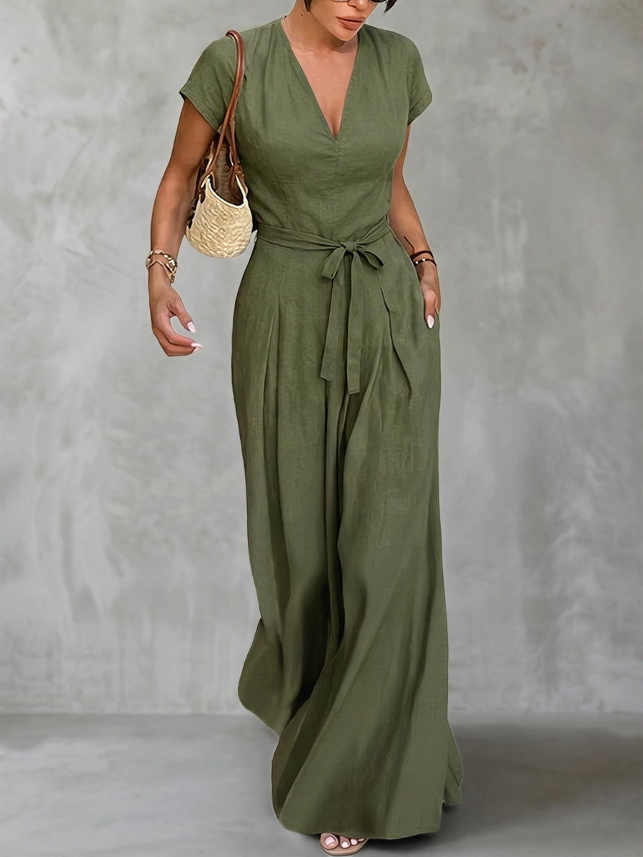 Combinaison plissée taille haute, à manches courtes, à poches, à taille nouée, à col en V, couleur unie