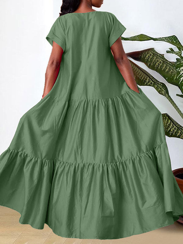 Robe longue ample plissée coupe trapèze, à empiècements, à col en V, couleur unie