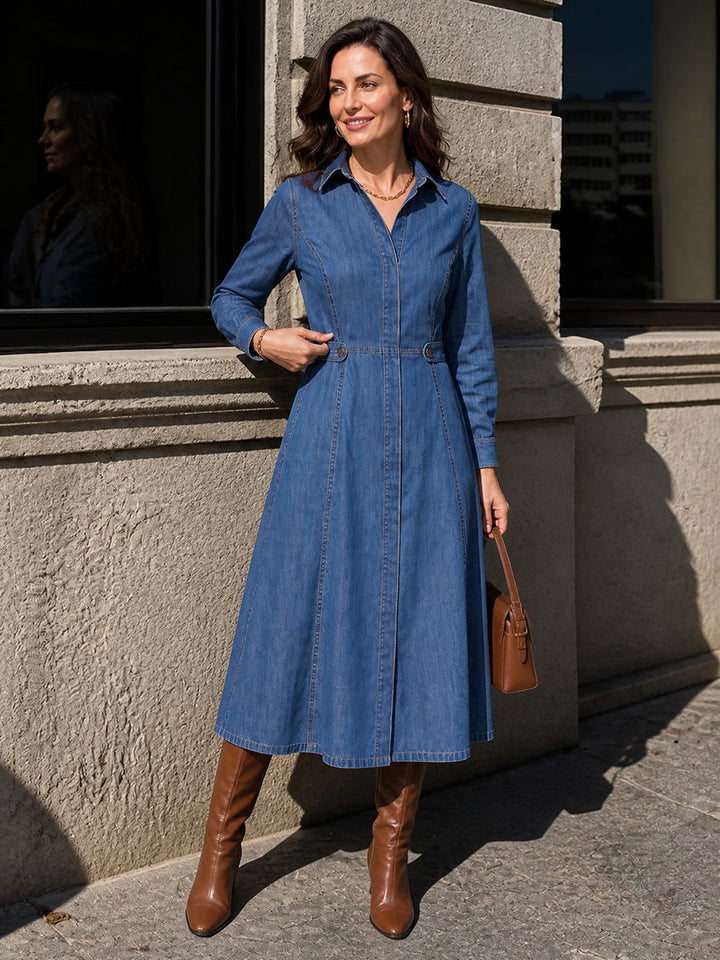 Robe mi-longue boutonnée à empiècements, à poches, à manches longues, taille haute, à col revers, couleur unie