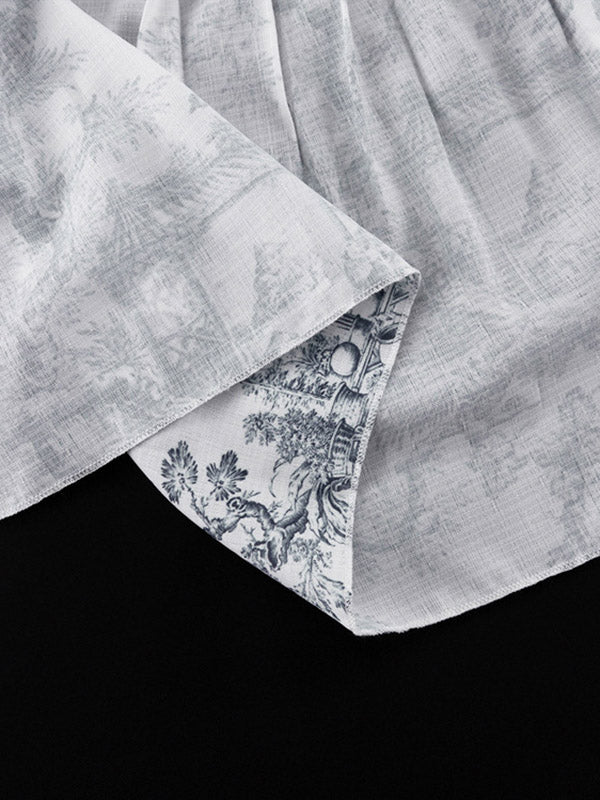 Robe courte ample plissée imprimée à manches bouffantes, à empiècements, à taille nouée, à col montant
