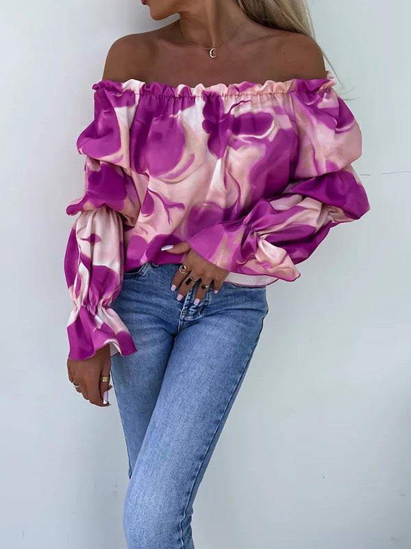 T-shirt ample imprimé à manches longues, à taille élastique, à épaules dénudées