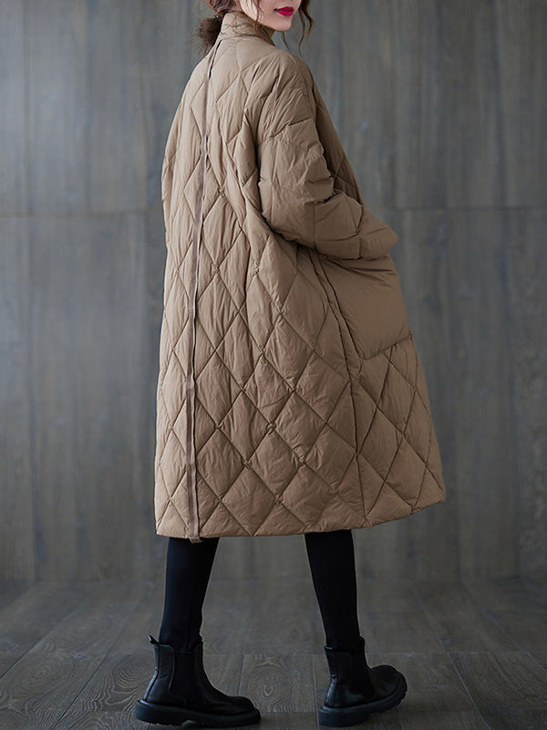Manteau artistique boutonné matelassé vintage, rétro, à col montant, à manches longues, couleur unie