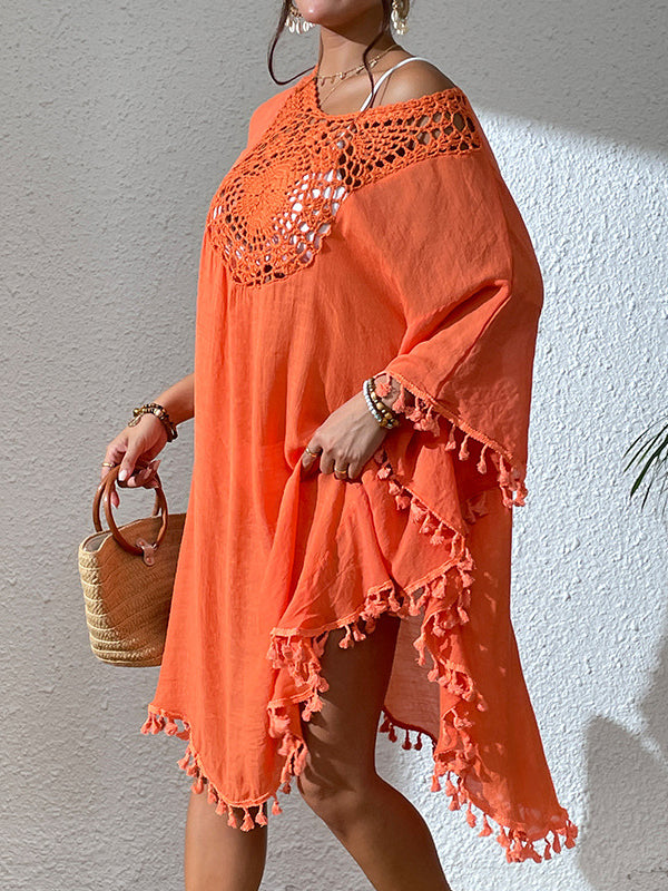 Robe mi-longue ample ajourée à manches chauve-souris, anti-UV, à pompons, à col rond, couleur unie