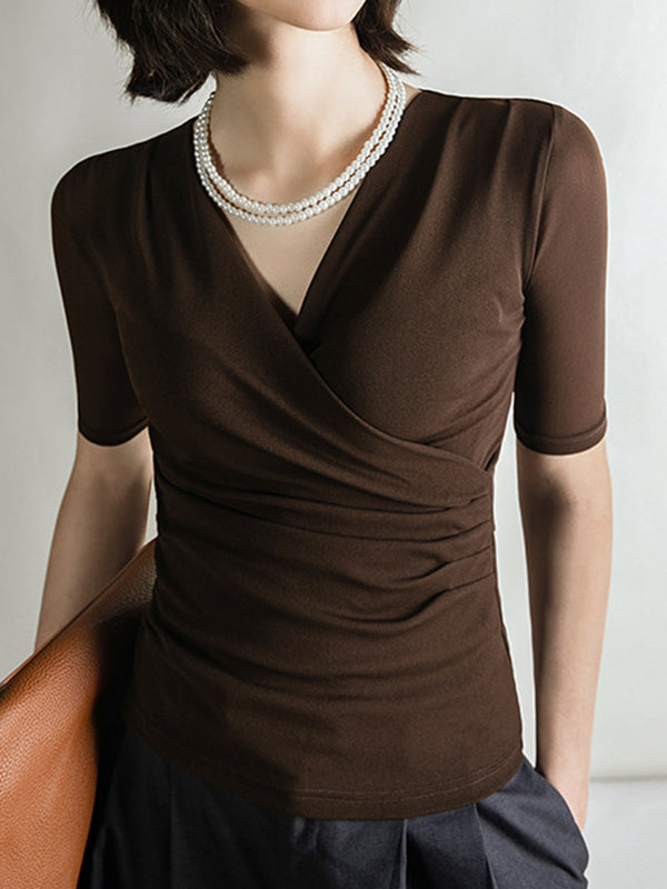 T-shirt plissé à manches mi-longues, coupe près du corps, à col en V, couleur unie